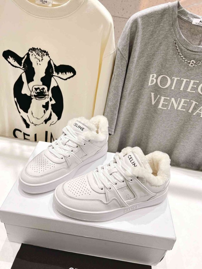 Celine Trainer 女式毛白色低系带运动鞋