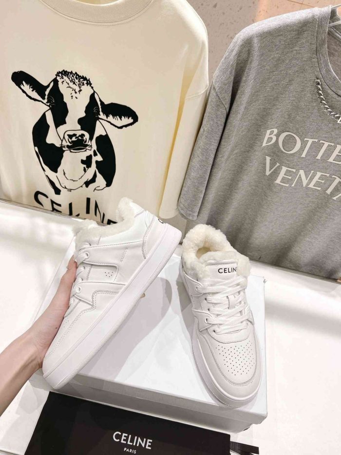 Celine Trainer 女式毛白色低系带运动鞋