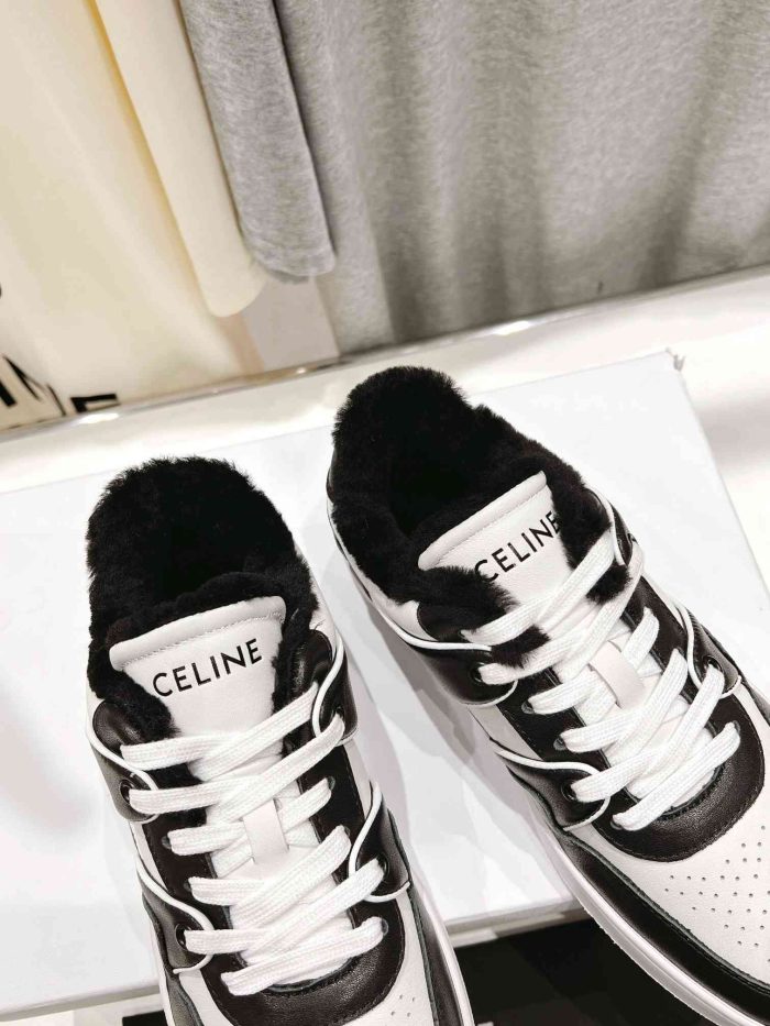 Celine Trainer 女式毛皮黑色低系带运动鞋