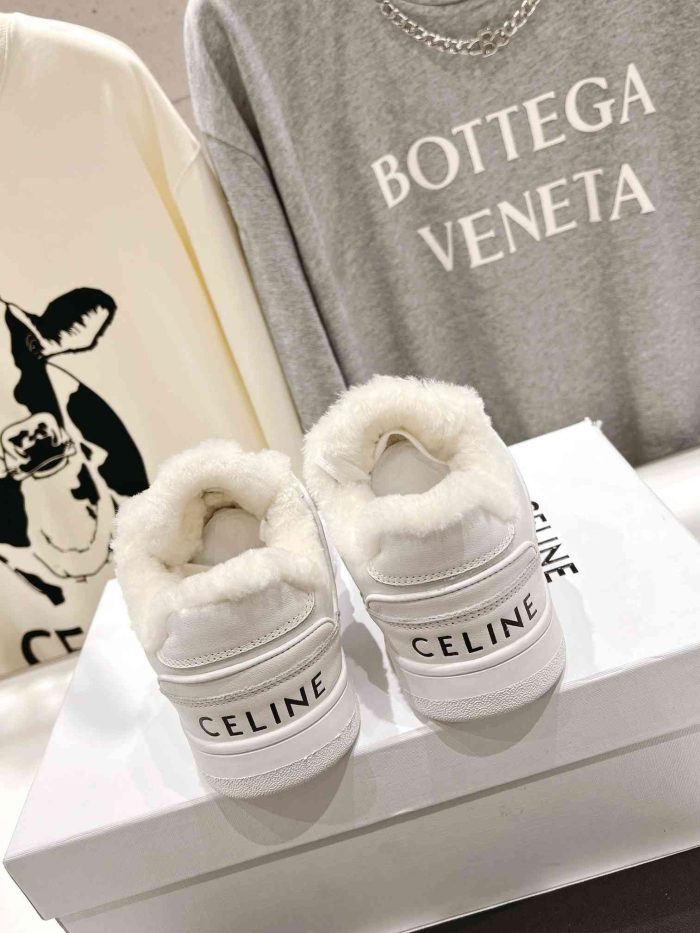 Celine Trainer 女式毛白色低系带运动鞋