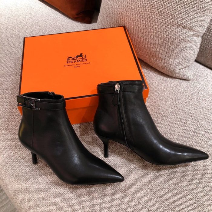 Hermes Blanche 女式黑色踝靴 2.4 英寸/6 厘米