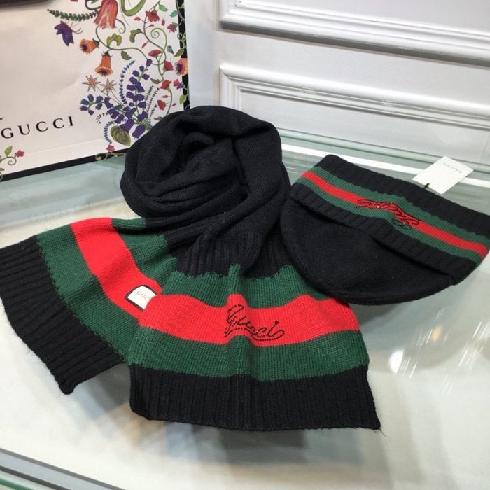 Gucci 毛线帽黑色围巾套装