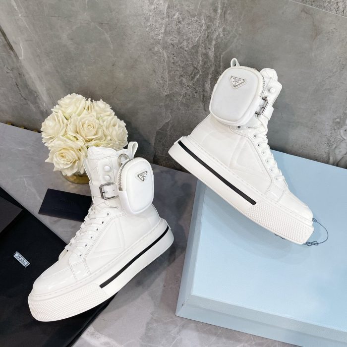 Prada 女式 Macro 再生尼龙拉丝高帮运动鞋白色 1.8 英寸/45 毫米 PRD