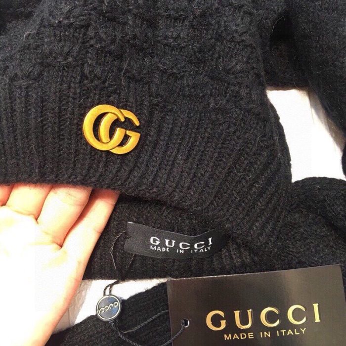 Gucci 毛线帽黑色围巾套装