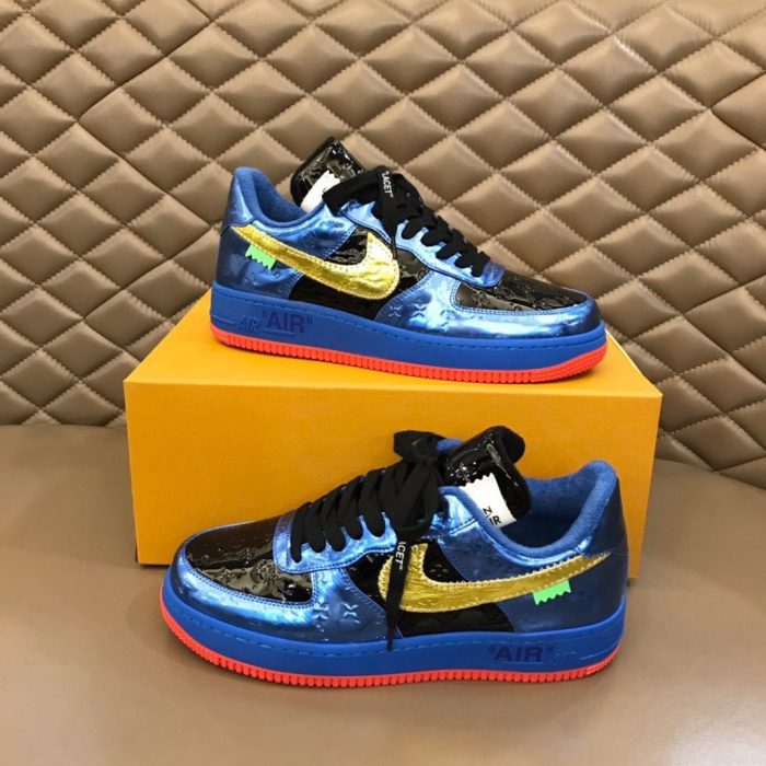 高仿Louis Vuitton 和 Nike Air Force 1 By Virgil Abloh Met 灰蓝色/黄玉蓝男装，男鞋