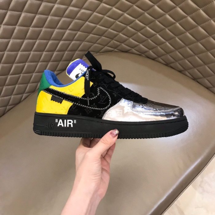 高仿Louis Vuitton 和 Virgil Abloh 设计的 Nike Air Force 1 银色/黑黄灰/托帕石蓝色男士、男鞋