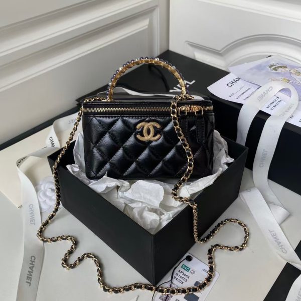 Chanel AP3804 Clutch Lambskin Cosmetic Bag With Pearl Handle Black