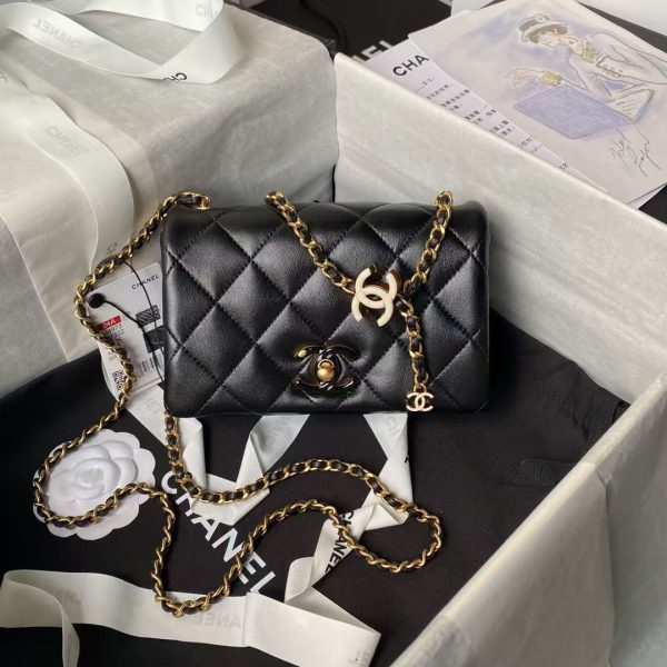 Chanel AS4973 Mini Flap Bag Shiny Lambskin Enamel & Gold Metal Black